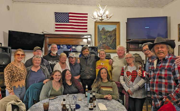 Photo credit Maddie Moser A group of Silverton Locals showed up to support DeAna the former Silverton Post Master at the Ouray Elks Club last Saturday night. (L to R back row): Maddie Moser, LaDonna Jaramillo, Dee Jaramillo, Bruce Conrad, DeAna Scott, Shelly Kuhlman, David Breed, Kelli Fries, Billy Fries, Becky Rhoades, Speedy Scott, Kenny Jenkins Front row left to right: Rylan Jaramillo, Deanna Jaramillo, Krissy Rhoades
