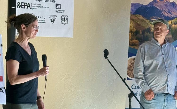 Bonita Peak Superfund site project manager Joy Jenkins gives a hello to the crowd at the open house photo by DeAnne Gallegos