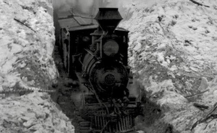 1906- Train emerging from snowshed at Snowshed Slide Photo by SJCHS