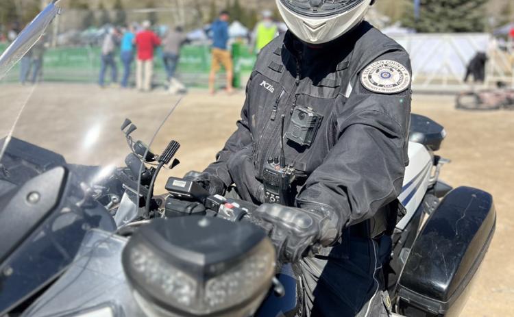 San Juan County Sheriff Bruce Conrad was working the Ironhorse Bicycle Classic on his motorcycle. Photo credit DeAnne Gallegos