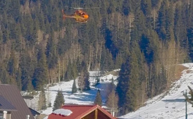 Flight for Life helicopter supporting the incident on Red Mountain Pass landing in Silverton Photo by DeAnne Gallegos