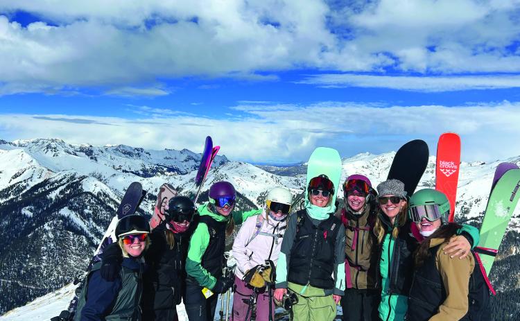 Silverton Mountain’s opening weekend was packed full of locals! Left to right- Cara Kropp, Casie Lashley, Megan Davenport, Belen Roof, Cat Leonaitis, Brooke Stillwell, Maggie Sullivan, MJ Carroll, and guided by Dustin. Photo credit Dustin Eldridge