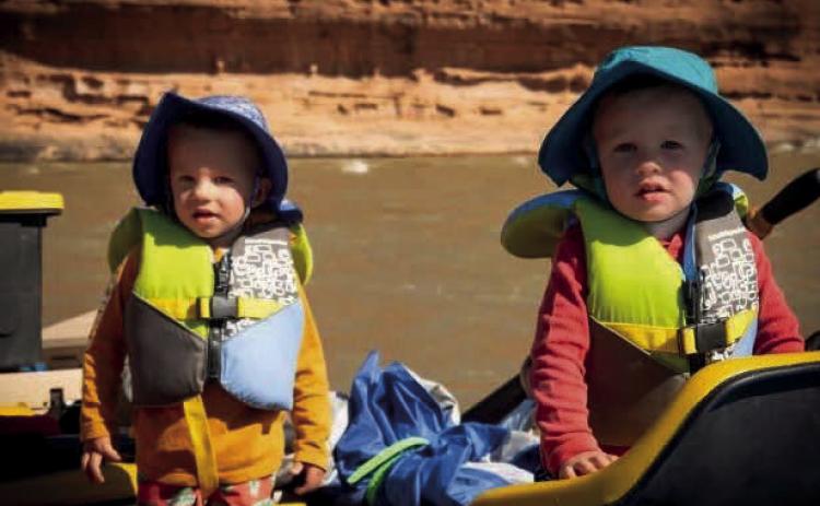 Silverton locals and two year old twins Wesley and Beckham Davenport complete their first camping trip. A three day, two night raft trip! Photo credit - Calvin Davenport